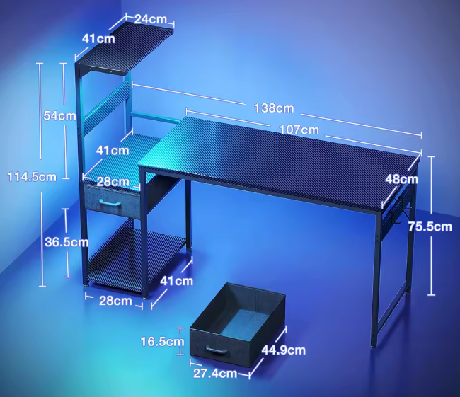 Badajoz | Mesa de juego con luces LED, escritorio de juego de 138×48 cm con cajones y estante