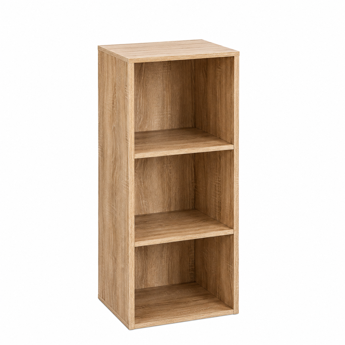 Cádiz | Estantería Cubo con 3 baldas de madera laminada color roble de 80x30x24 cm Tablero laminado de 12 mm. Soporta 10 kg por balda. Requiere montaje. Medida interior de cada hueco: 27,5x24x25 cm