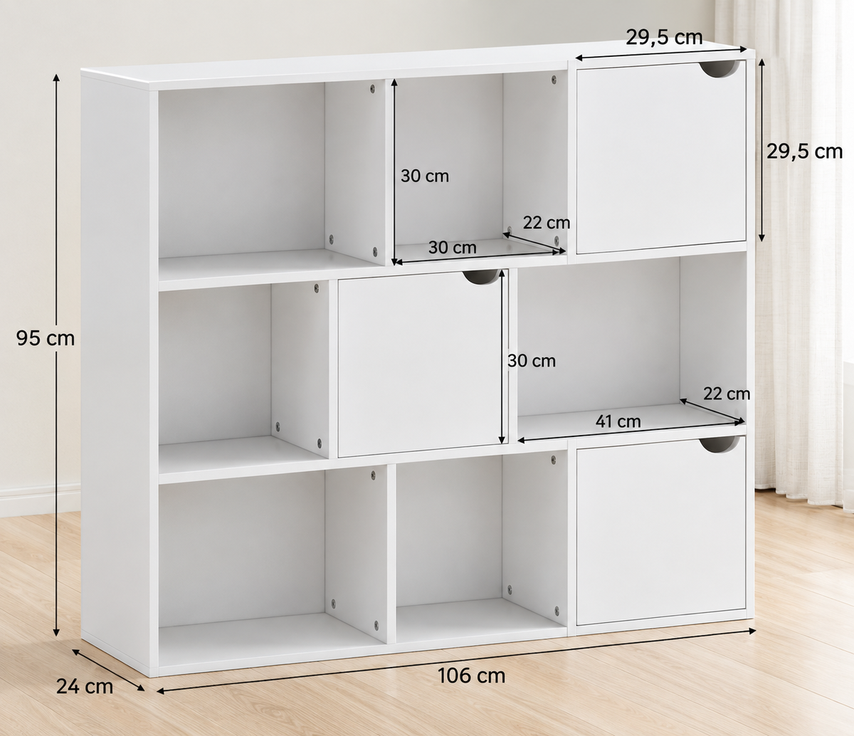 Oviedo | Estantería de almacenamiento con 9 cubos, 3 puertas y 6 compartimentos abiertos, estilo moderno, mueble de almacenamiento para salón, escritorio, dormitorio, 106x24x95 cm, Blanco
