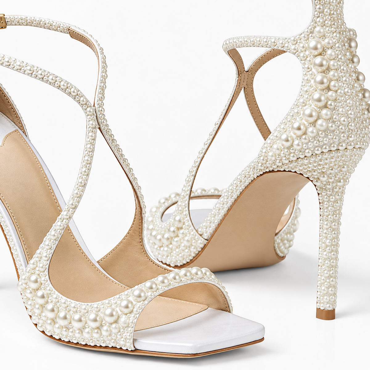 Paloma | Sandalias de novia de tacón con perlas y tiras cruzadas