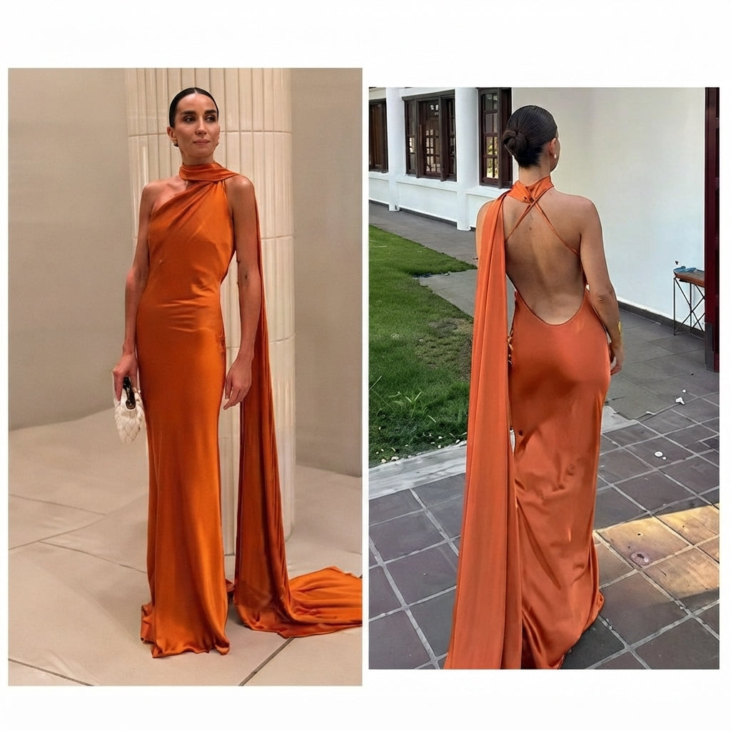 Mónica | Vestido largo naranja con espalda descubierta y capa