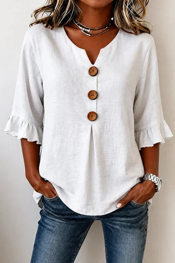 Amelia | Blusa blanca de lino con botones y manga volante – sencillez con encanto