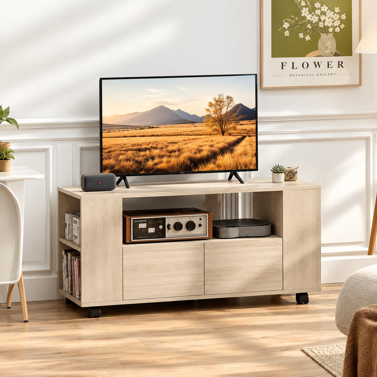Bilbao | Mueble de TV con Ruedas para Televisión hasta 42 Pulgadas con 2 Cajones Estantes Ajustables Madera Natural