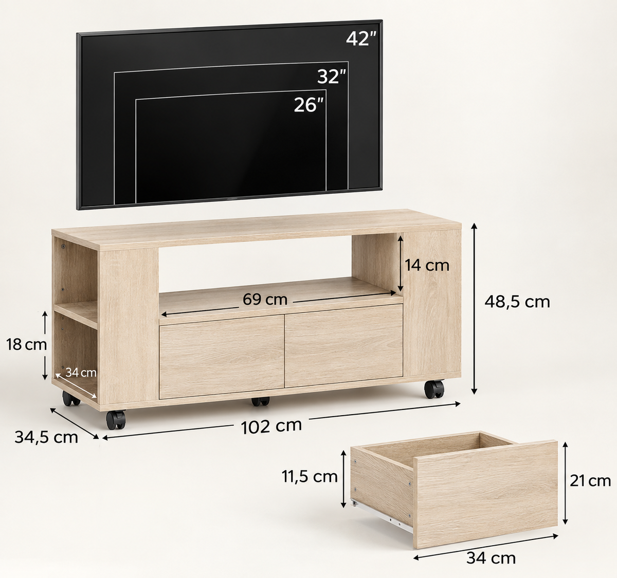 Bilbao | Mueble de TV con Ruedas para Televisión hasta 42 Pulgadas con 2 Cajones Estantes Ajustables Madera Natural
