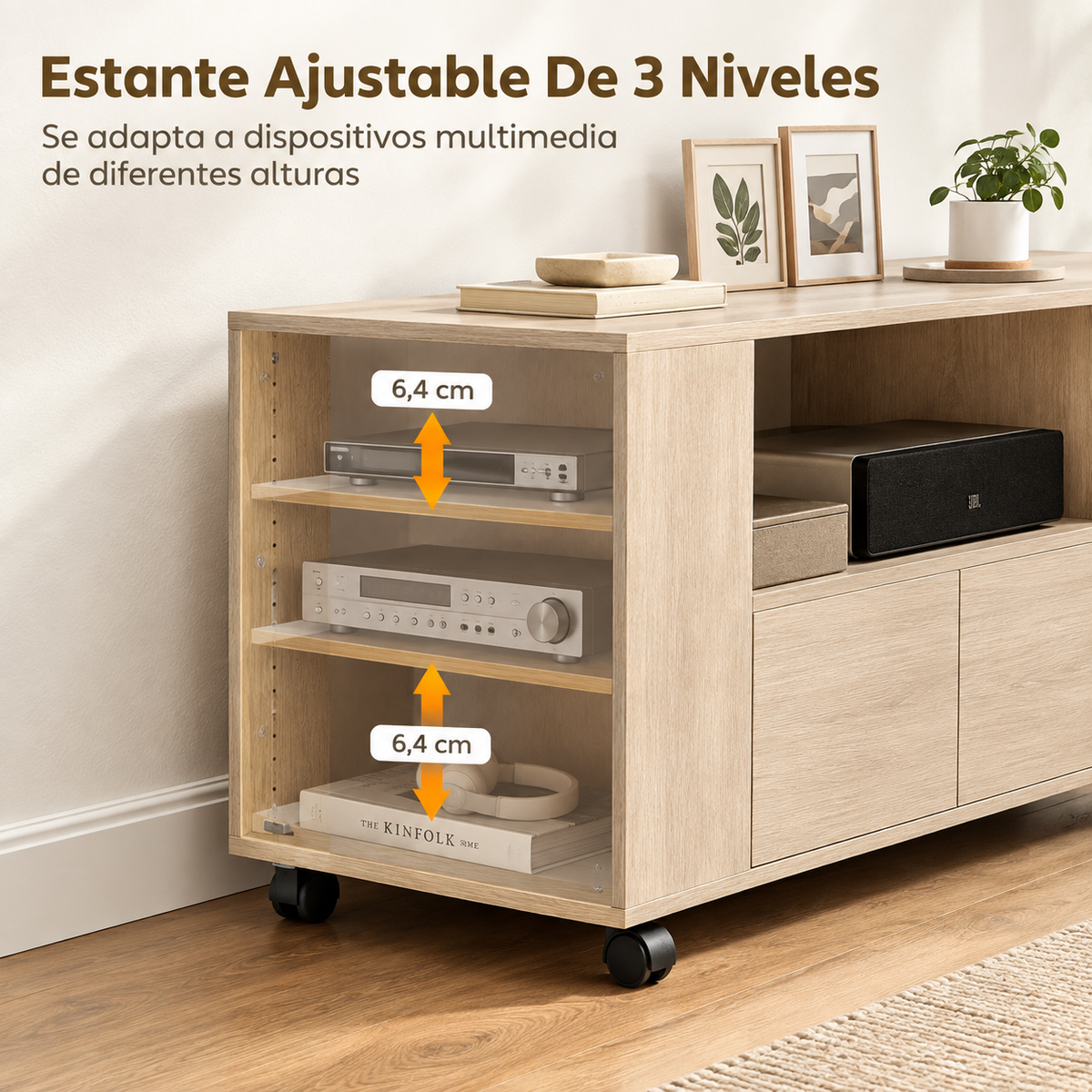 Bilbao | Mueble de TV con Ruedas para Televisión hasta 42 Pulgadas con 2 Cajones Estantes Ajustables Madera Natural