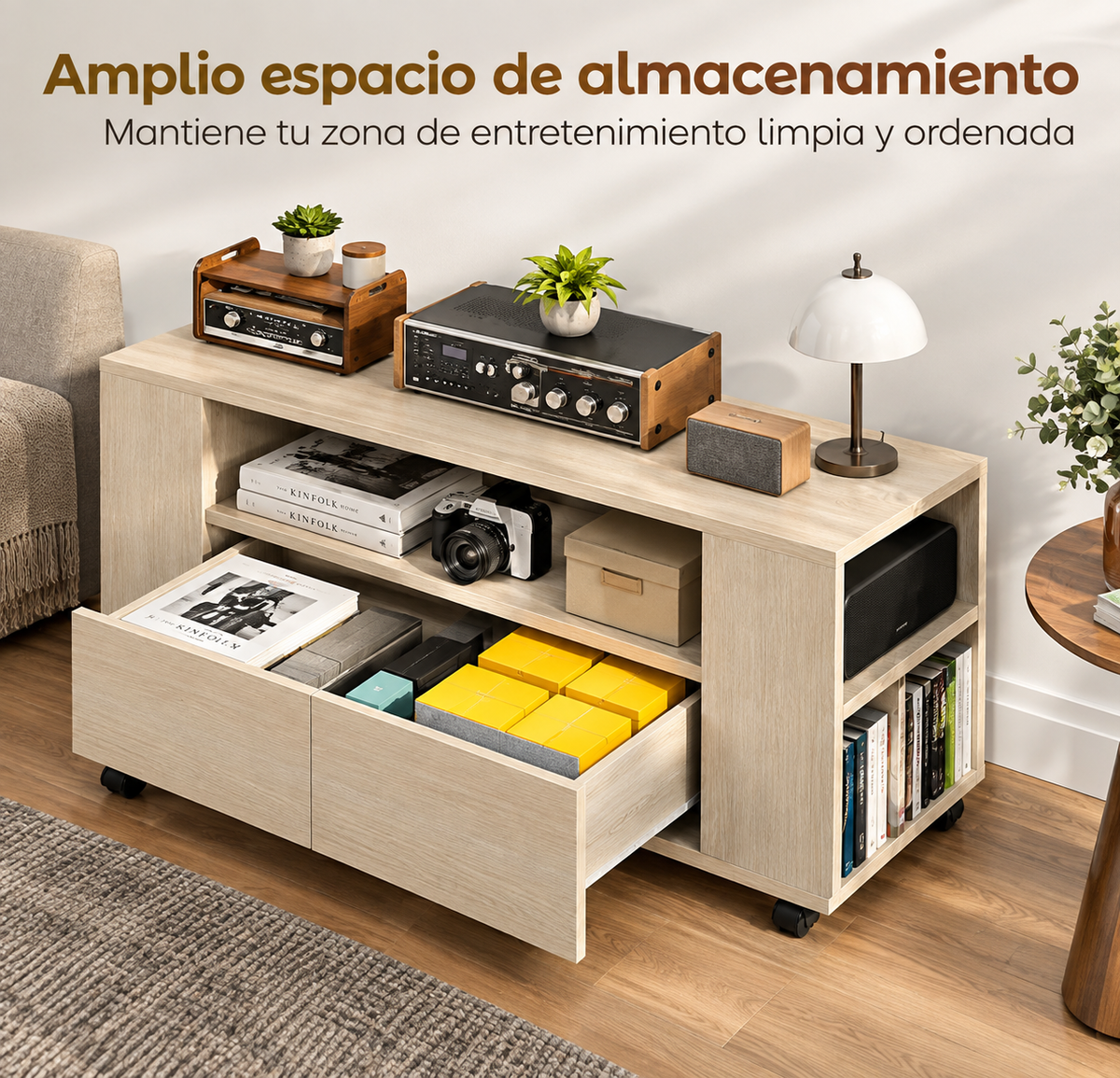 Bilbao | Mueble de TV con Ruedas para Televisión hasta 42 Pulgadas con 2 Cajones Estantes Ajustables Madera Natural
