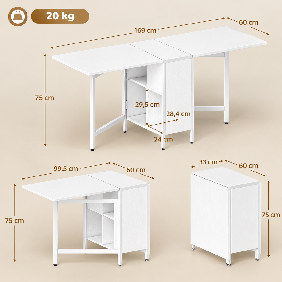Santander | Mesa Plegable de Comedor con Alas Abatibles 4 Compartimentos 3 Formas para Cocina Salón 169x60x75 cm