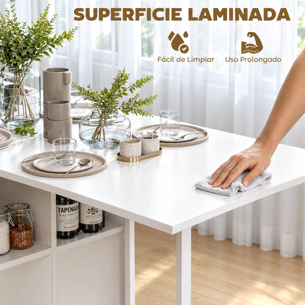 Santander | Mesa Plegable de Comedor con Alas Abatibles 4 Compartimentos 3 Formas para Cocina Salón 169x60x75 cm