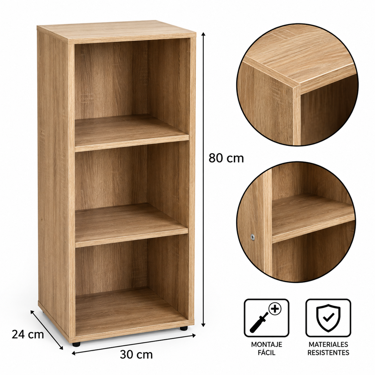 Cádiz | Estantería Cubo con 3 baldas de madera laminada color roble de 80x30x24 cm Tablero laminado de 12 mm. Soporta 10 kg por balda. Requiere montaje. Medida interior de cada hueco: 27,5x24x25 cm