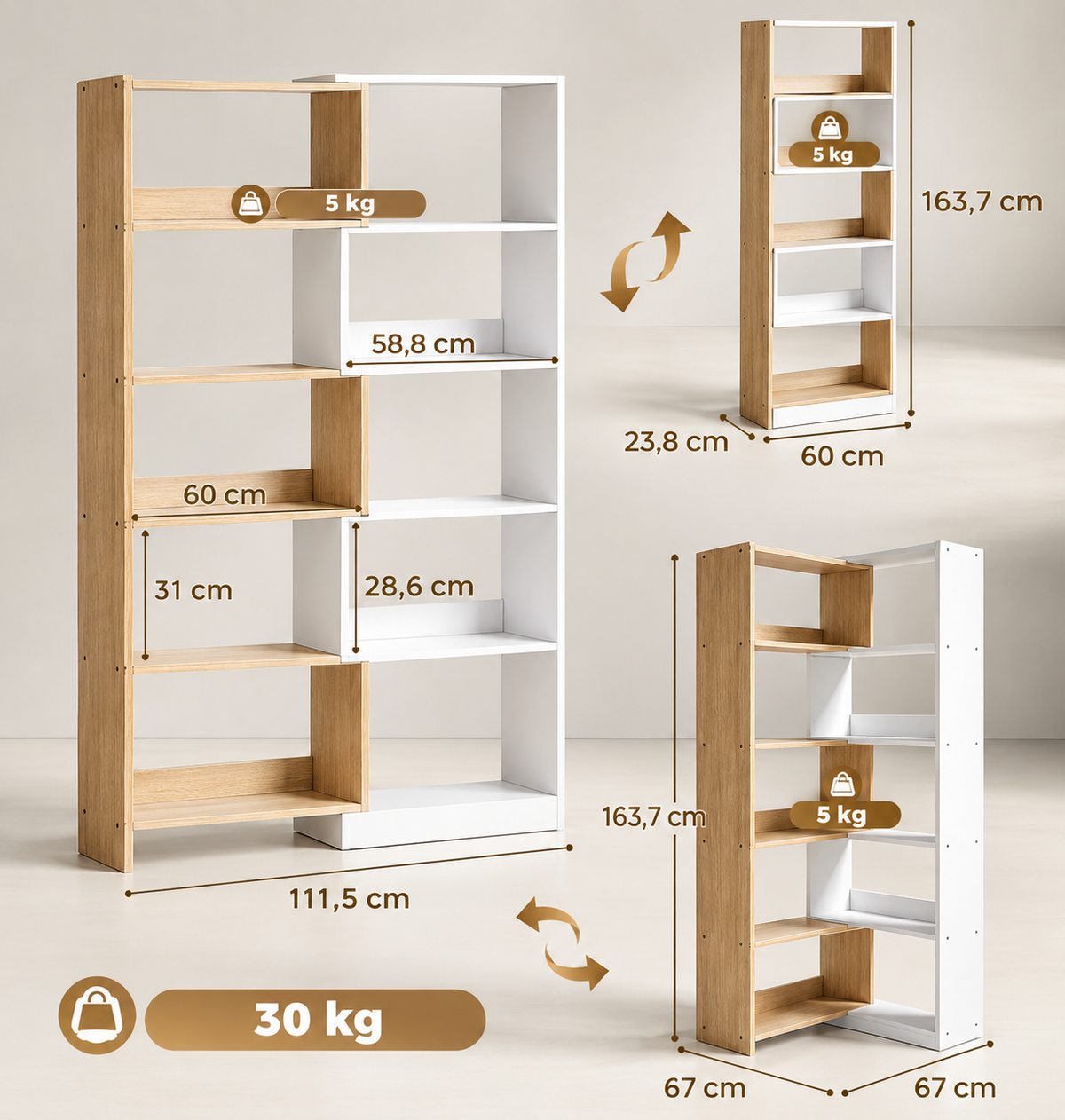 Jerez | Estantería Expandible 5 Niveles, Librería para Libros Giratoria 350°, Ancho Ajustable, Convertible en en L, Recta o Compacta para Salón, Dormitorio, Estudio 111,5x23,8x163,7 cm Natural y Blanco