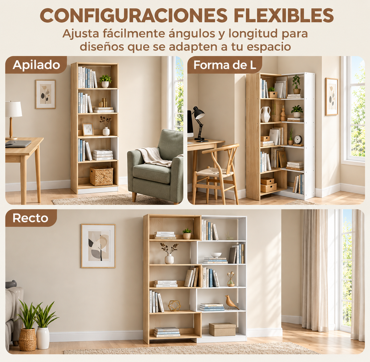 Jerez | Estantería Expandible 5 Niveles, Librería para Libros Giratoria 350°, Ancho Ajustable, Convertible en en L, Recta o Compacta para Salón, Dormitorio, Estudio 111,5x23,8x163,7 cm Natural y Blanco