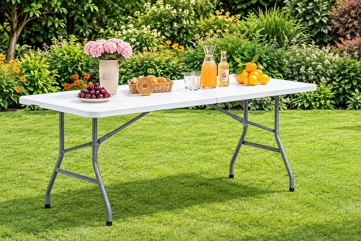 Jaca | Mesa Plegable Resina Reforzada 180x74x74cm | Camping, Jardín y Eventos | Acero y Pies Antideslizantes | Carga Hasta 150kg | 2-8 Personas
