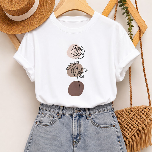 Rosario | Camiseta blanca con estampado floral line art – básico con estilo