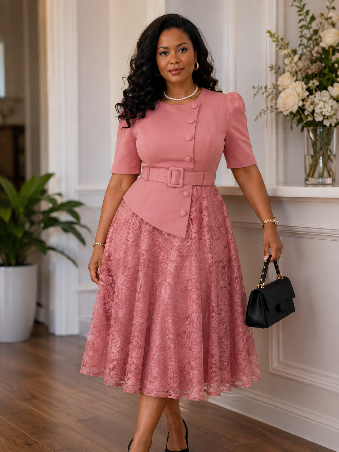Violeta | Vestido Midi de Encaje con Cinturón – Elegancia Clásica