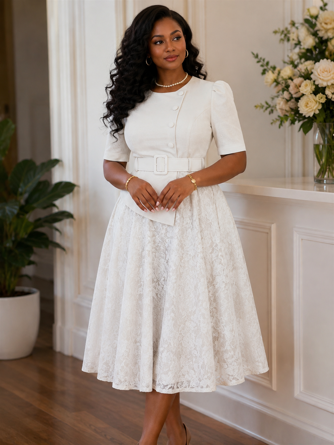 Violeta | Vestido Midi de Encaje con Cinturón – Elegancia Clásica