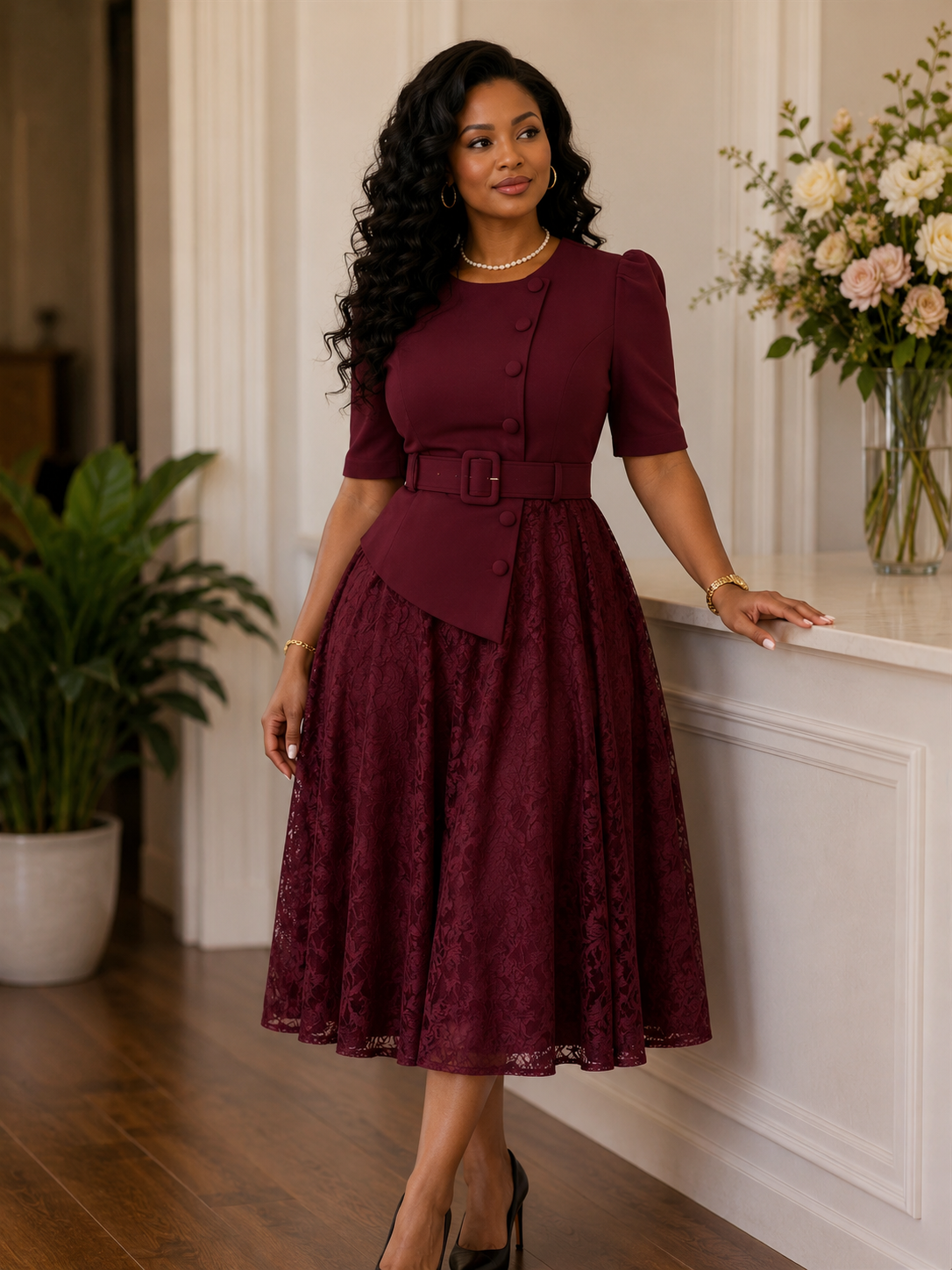 Violeta | Vestido Midi de Encaje con Cinturón – Elegancia Clásica