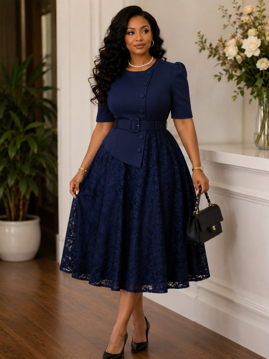 Violeta | Vestido Midi de Encaje con Cinturón – Elegancia Clásica