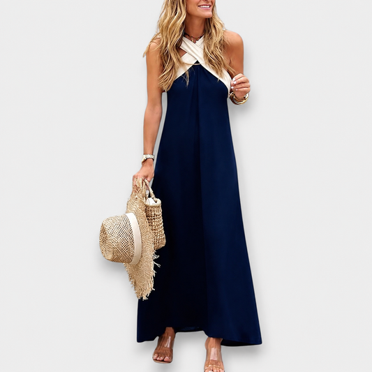 Maite | Vestido Largo con Espalda Descubierta, Tirantes Anchos en Contraste y Corte Fluido