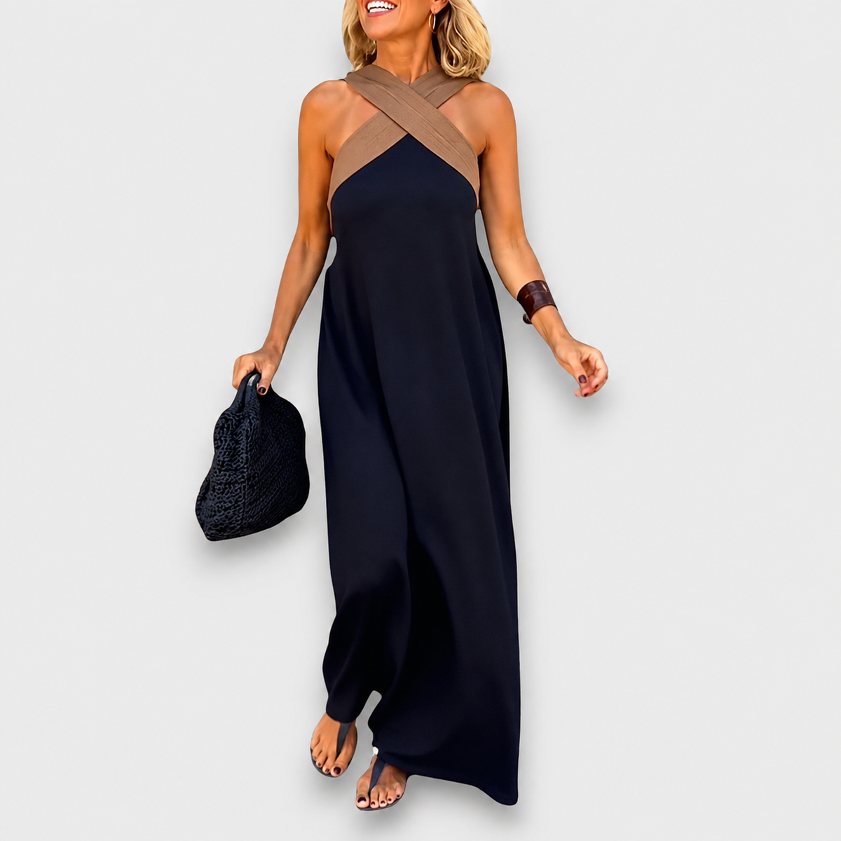 Maite | Vestido Largo con Espalda Descubierta, Tirantes Anchos en Contraste y Corte Fluido