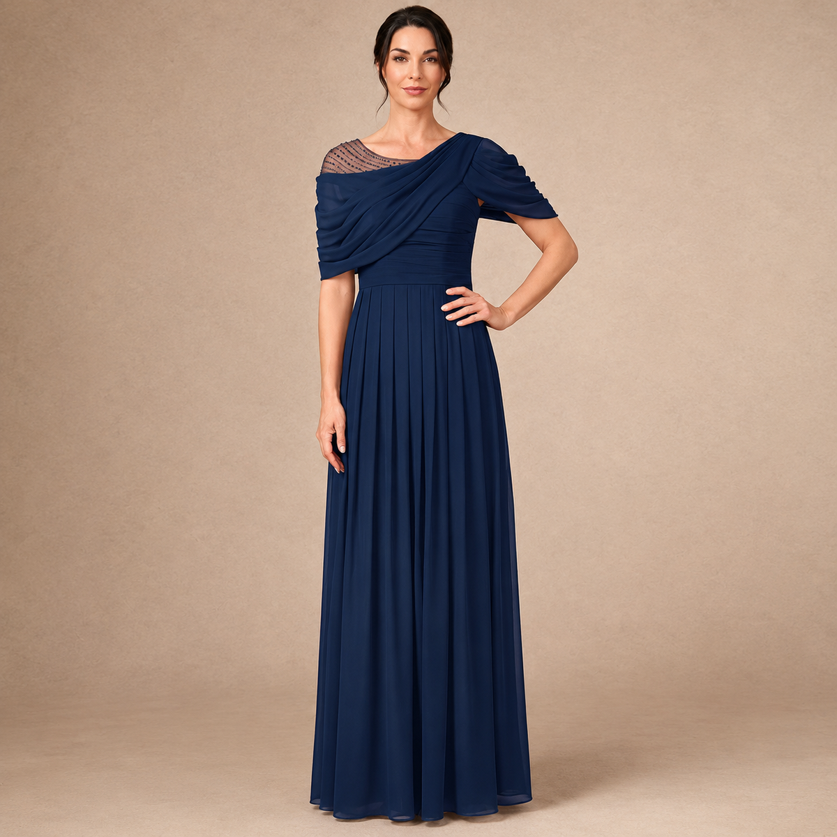 Athenea | Vestido Largo Azul Marino con Escote Drapado y Falda Plisada