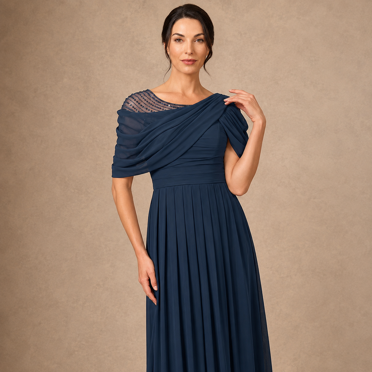 Athenea | Vestido Largo Azul Marino con Escote Drapado y Falda Plisada