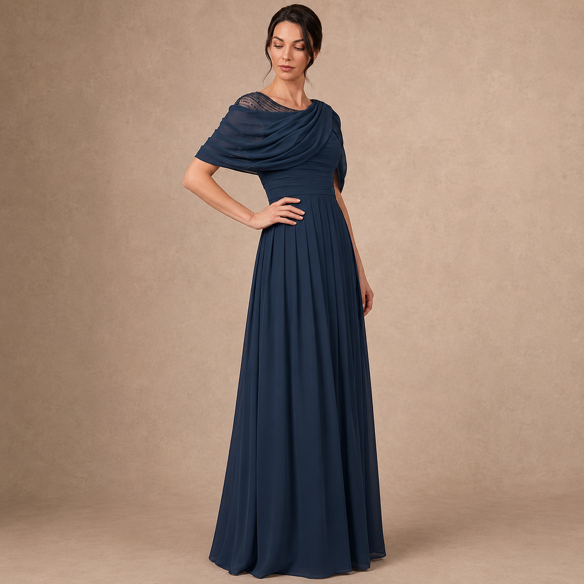 Athenea | Vestido Largo Azul Marino con Escote Drapado y Falda Plisada
