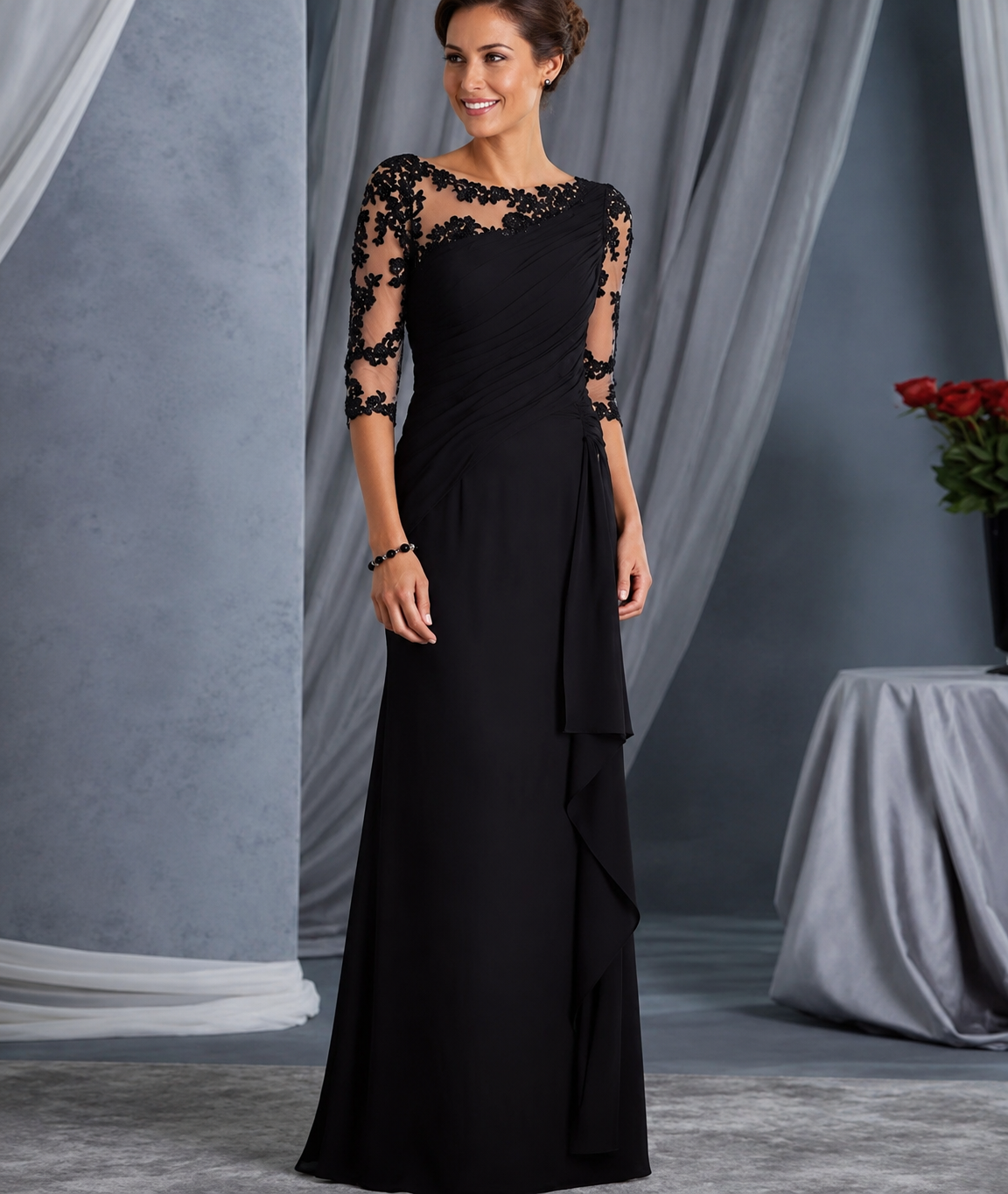 Hermi | Vestido Largo con Encaje Floral y Elegante Drapado