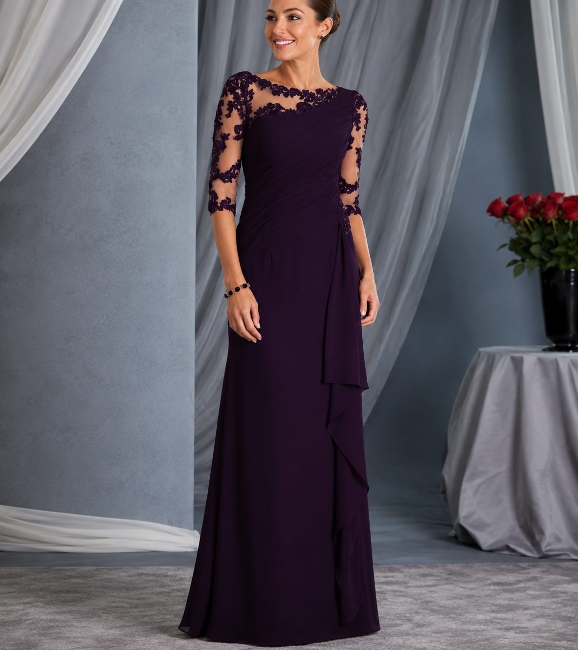 Hermi | Vestido Largo con Encaje Floral y Elegante Drapado