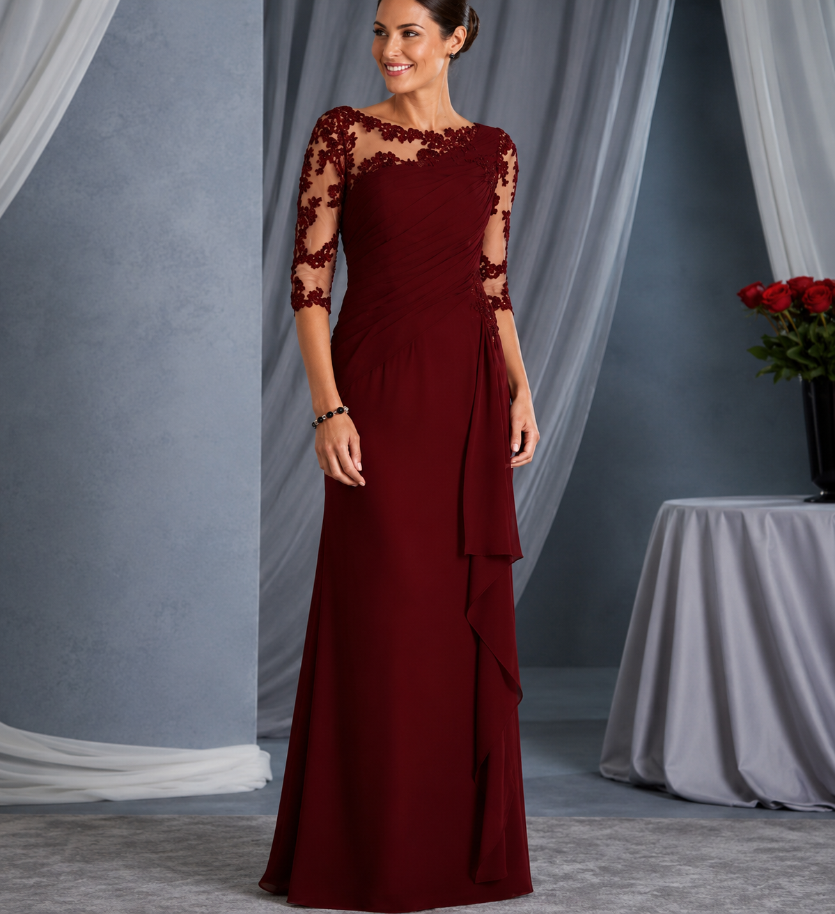 Hermi | Vestido Largo con Encaje Floral y Elegante Drapado