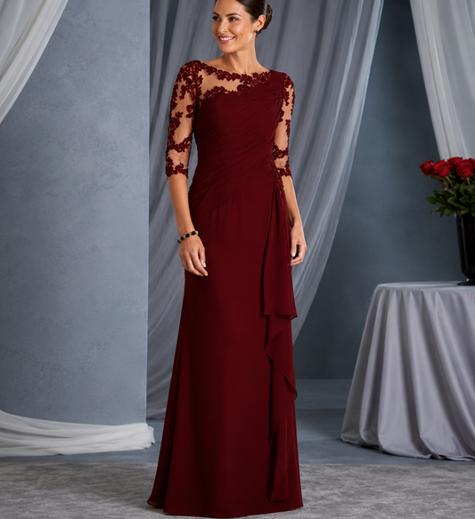 Hermi | Vestido Largo con Encaje Floral y Elegante Drapado
