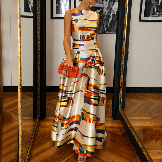 Paqui | Vestido Largo de Satén Marfil con Estampado Geométrico Multicolor