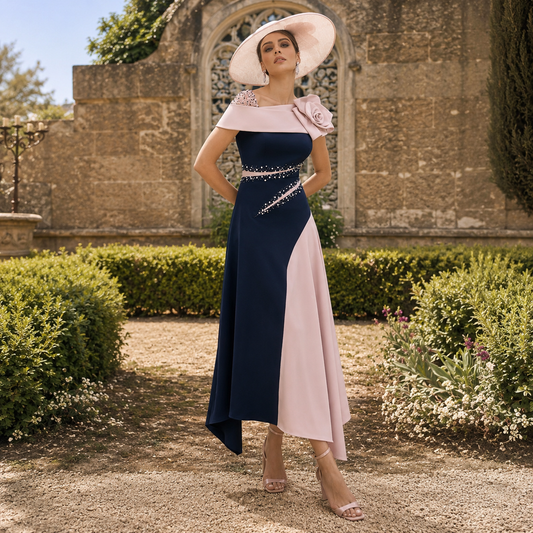 Lilibet | Vestido largo elegante bicolor en azul marino y rosa empolvado