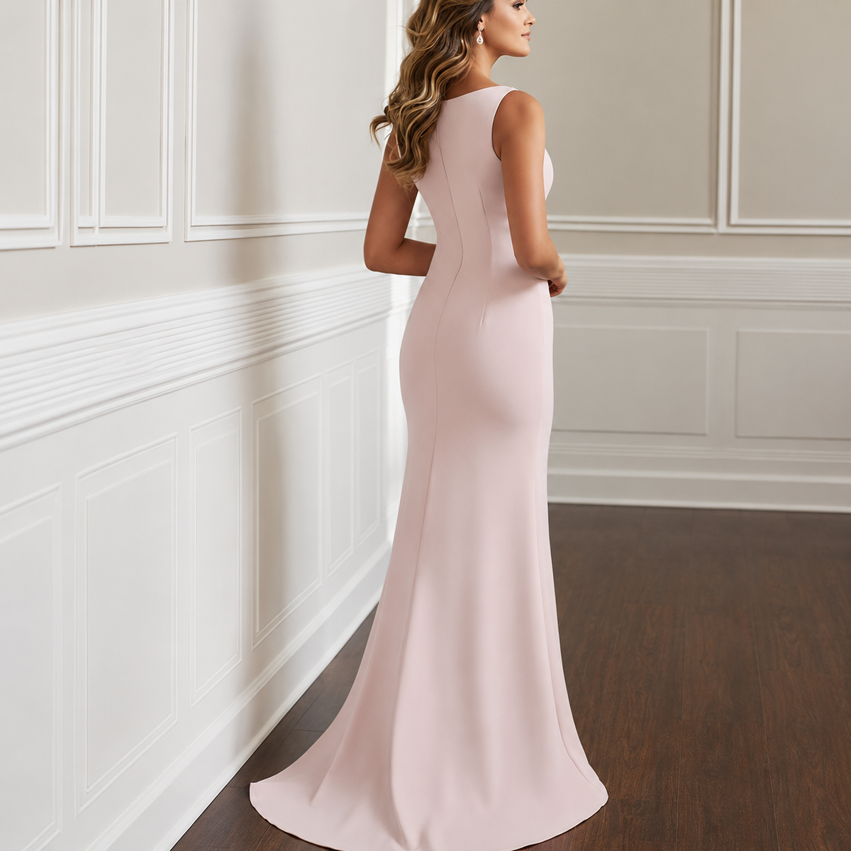 Lupe | Vestido de Gala Rosa Palo de Corte Sirena con Escote Redondo y Elegante Cola