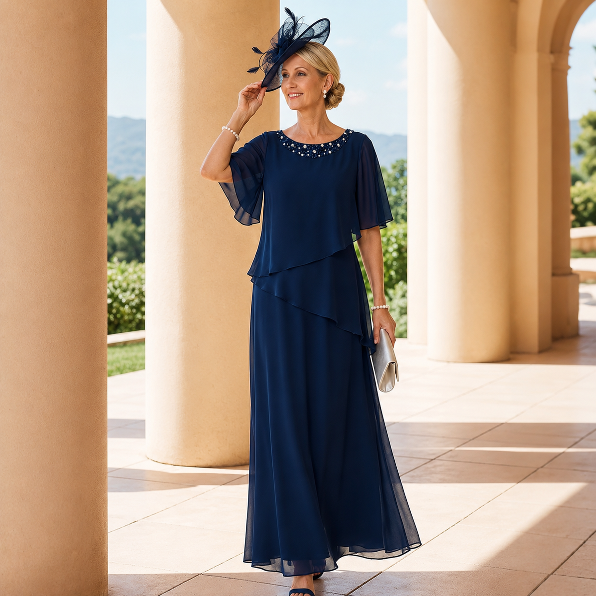 Merche | Vestido de Fiesta Azul Marino con Capa de Gasa y Detalles Elegantes