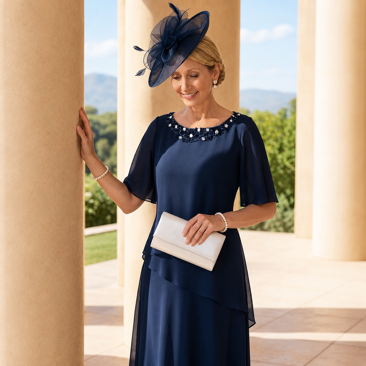 Merche | Vestido de Fiesta Azul Marino con Capa de Gasa y Detalles Elegantes
