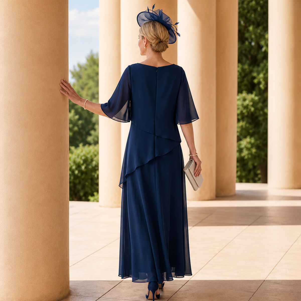 Merche | Vestido de Fiesta Azul Marino con Capa de Gasa y Detalles Elegantes