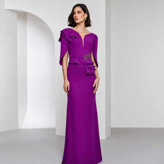 Pilar | Vestido de Gala Púrpura con Volantes y Manga Capa