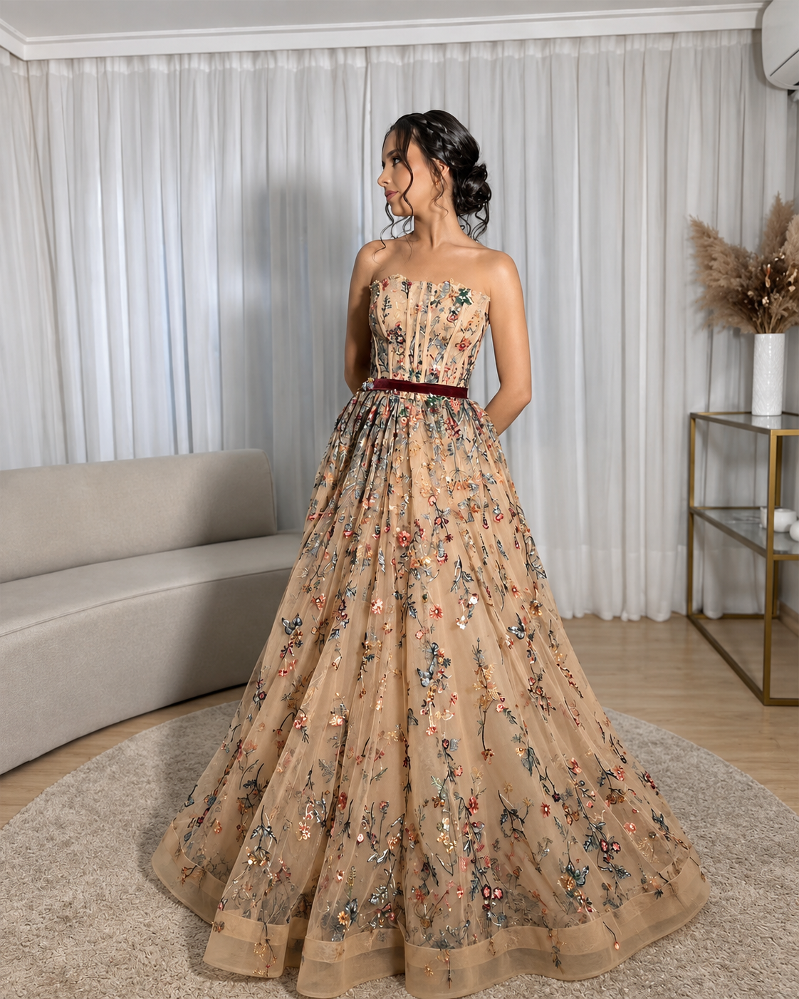 Lucía | Vestido de Gala Bordado Floral en Tul Champán