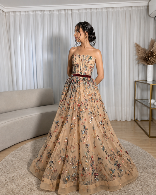 Lucía | Vestido de Gala Bordado Floral en Tul Champán