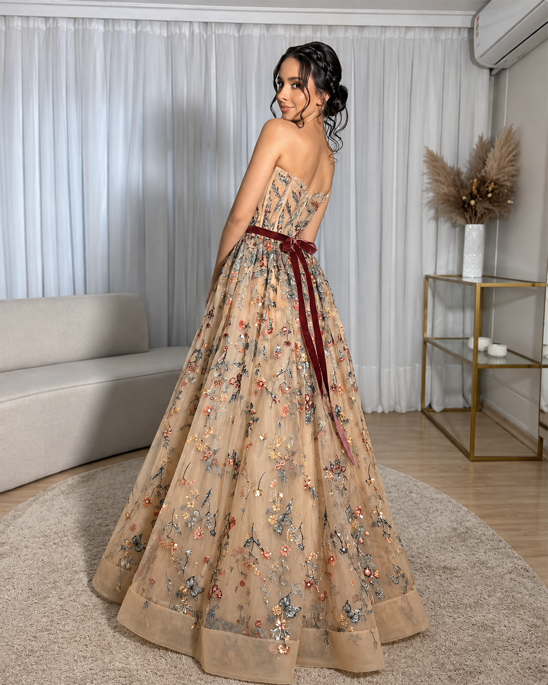 Lucía | Vestido de Gala Bordado Floral en Tul Champán