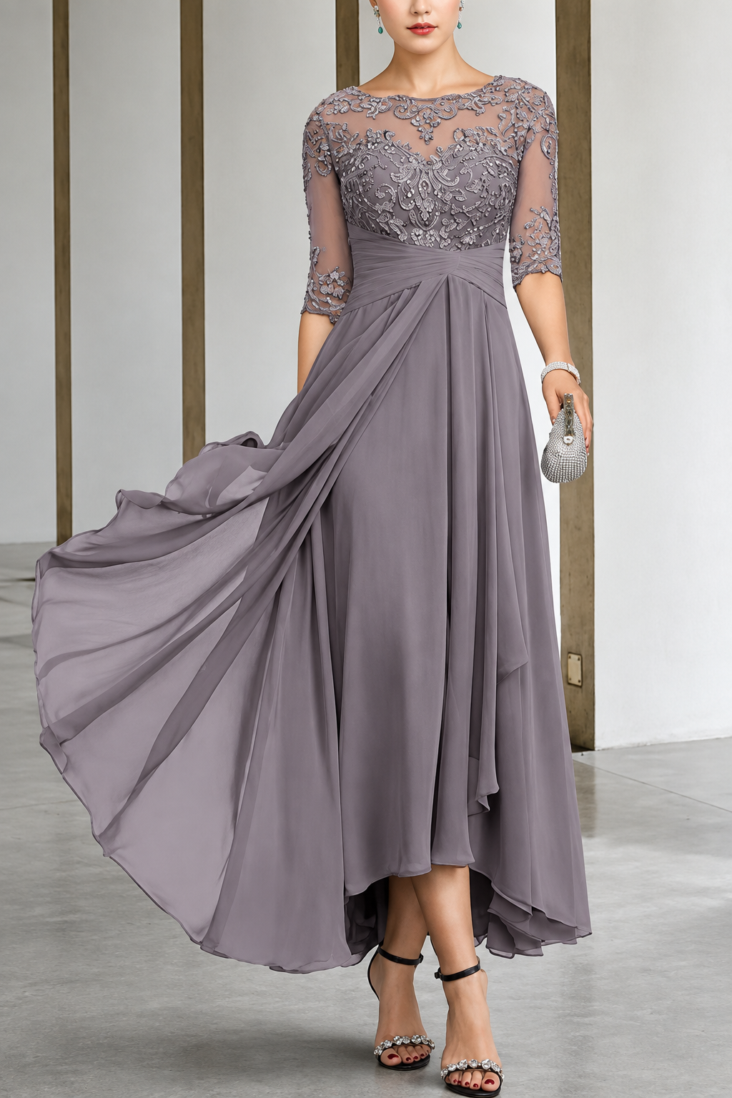 Sara | Vestido Midi Malva con Encaje Bordado – Elegancia Vintage