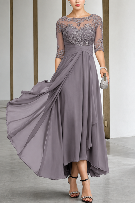 Sara | Vestido Midi Malva con Encaje Bordado – Elegancia Vintage