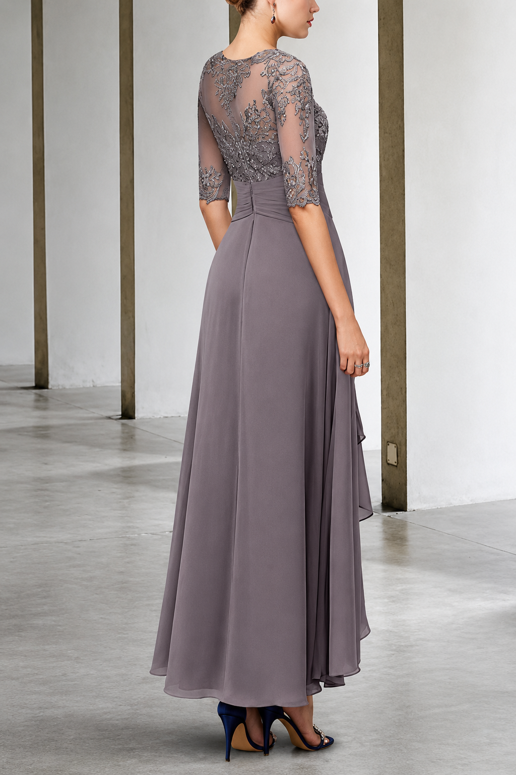 Sara | Vestido Midi Malva con Encaje Bordado – Elegancia Vintage