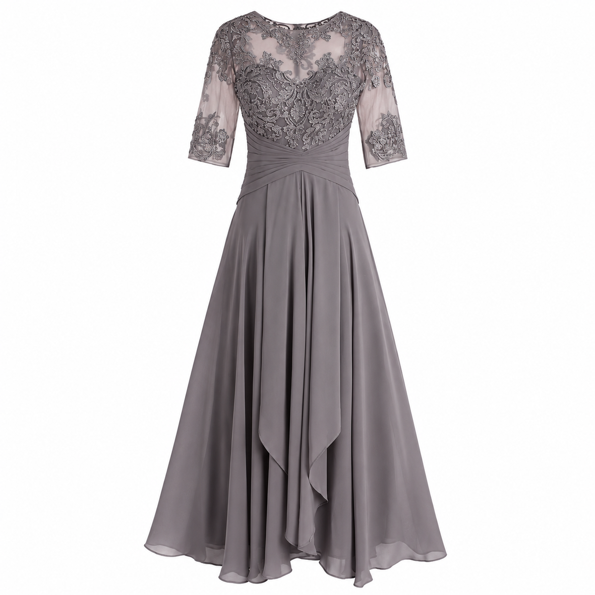 Sara | Vestido Midi Malva con Encaje Bordado – Elegancia Vintage