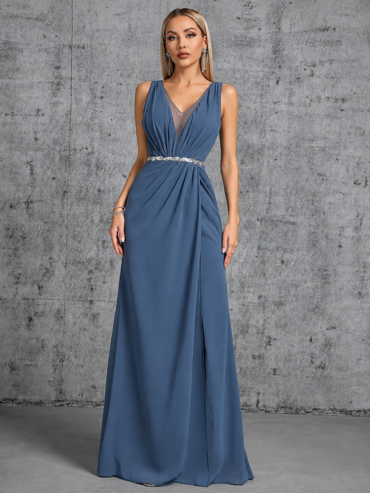 Daniela | Vestido Largo Drapeado con Cinturón de Pedrería