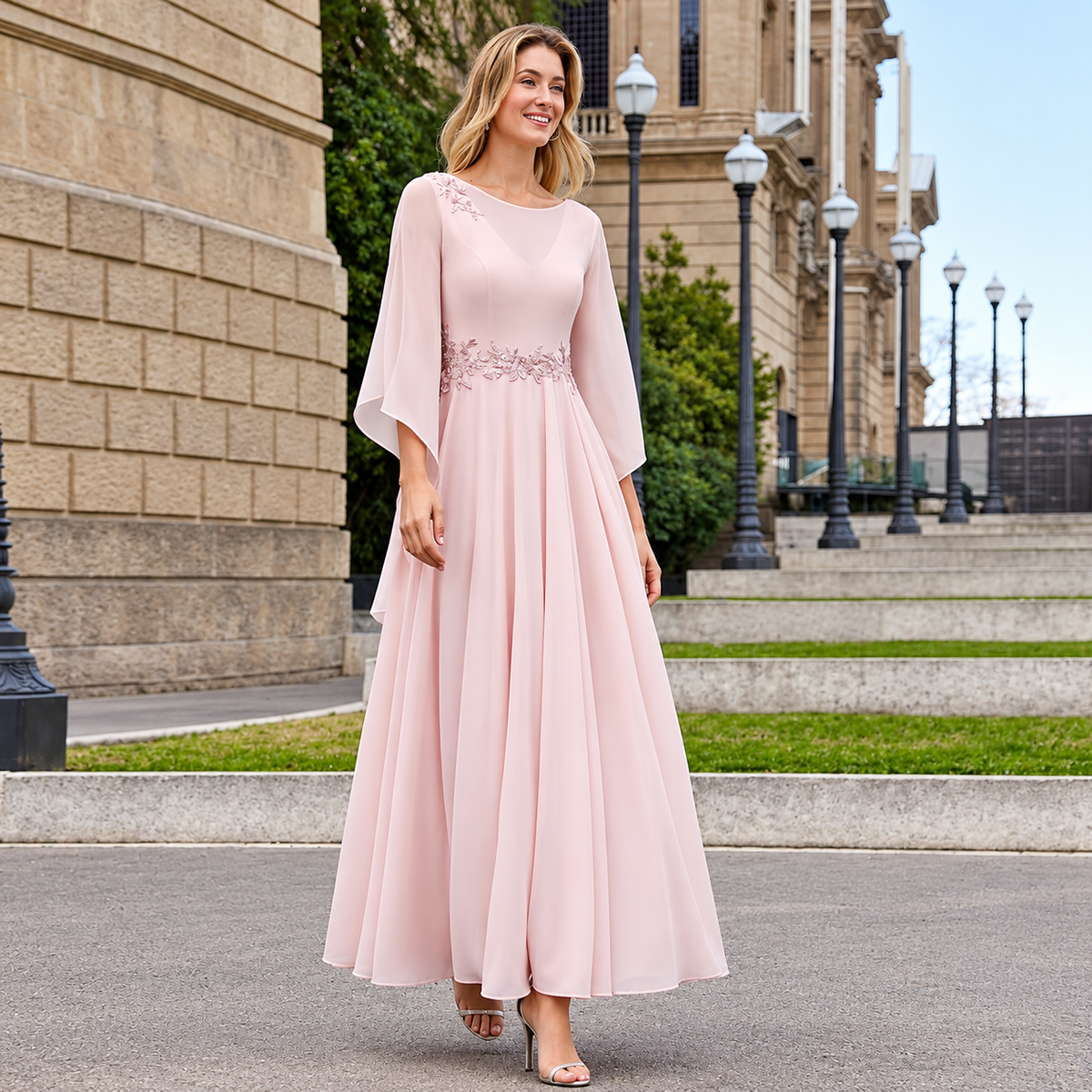 Valeria | Vestido Midi Rosa Palo con Bordado Floral