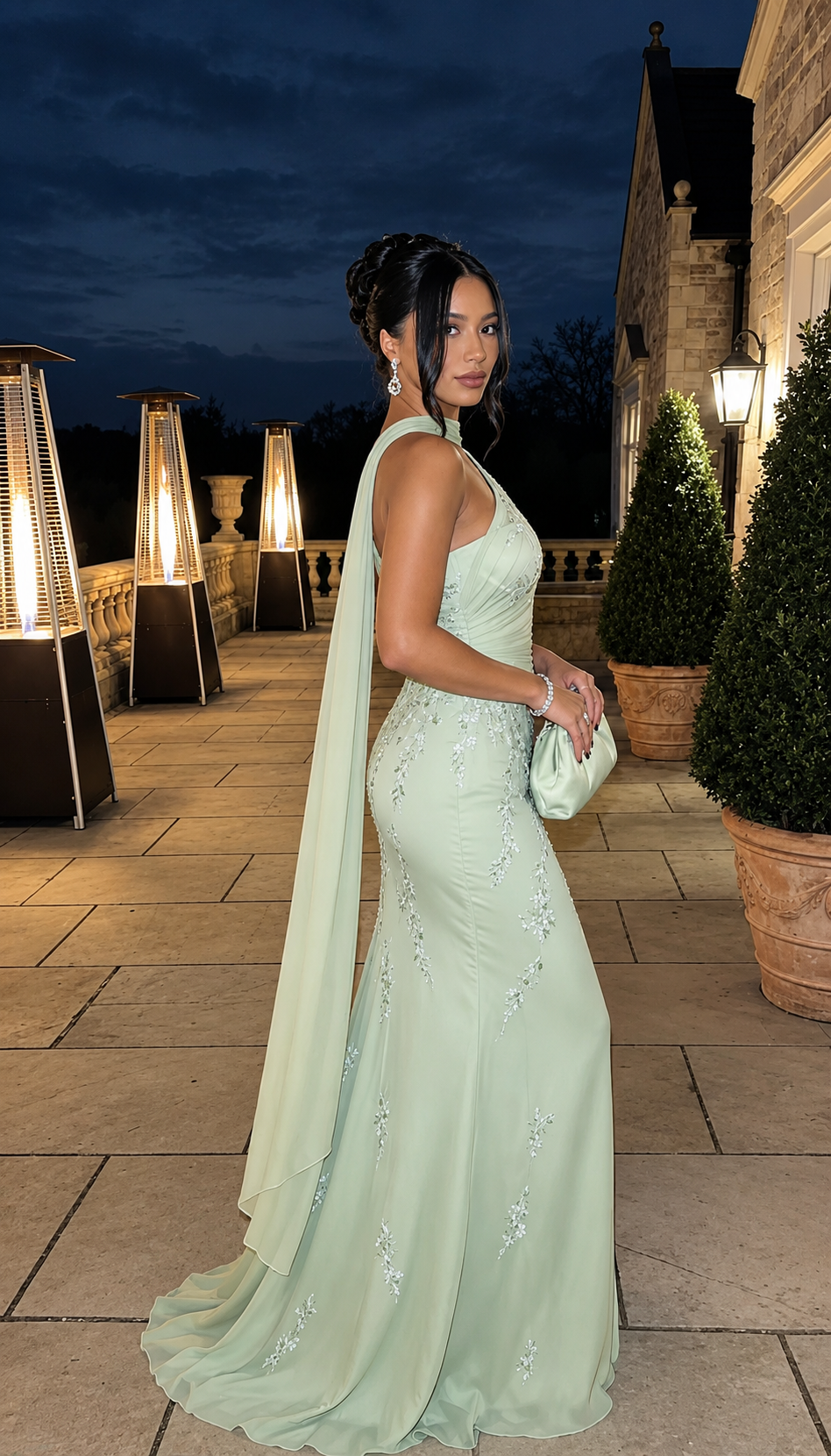 Aida | Vestido Largo Verde Menta Asimétrico con Bordado Floral