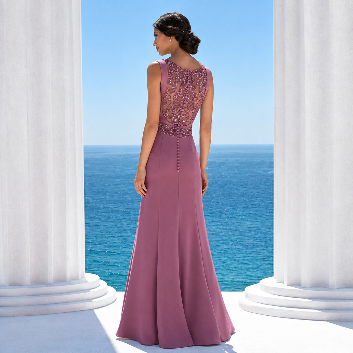 Yael | Vestido Largo Malva con Espalda de Encaje Bordado