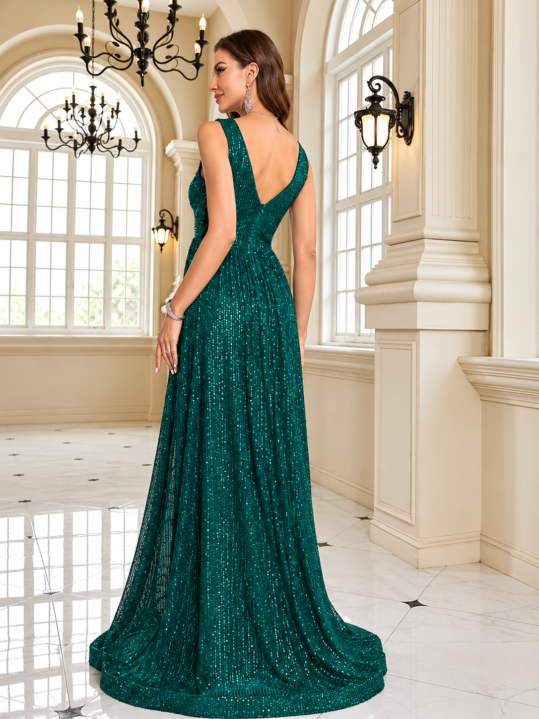Sandra | Vestido de Gala Verde Esmeralda con Lentejuelas