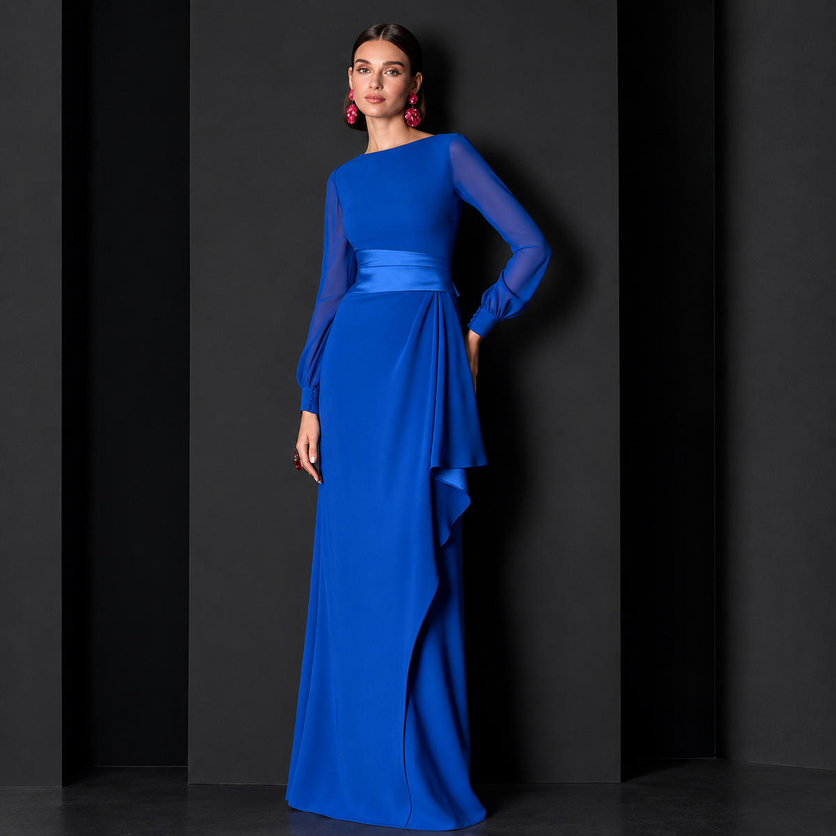 Nerea | Vestido Largo Azul Klein con Cinturón de Satén
